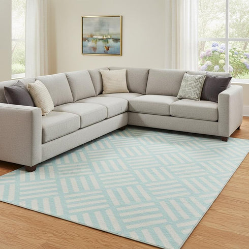 9' X 12' Aqua And Ivory Geometric Washable Area Rug With UV Protection