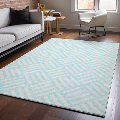 9' X 12' Aqua And Ivory Geometric Washable Area Rug With UV Protection