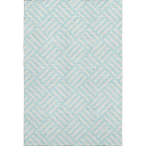 9' X 12' Aqua And Ivory Geometric Washable Area Rug With UV Protection