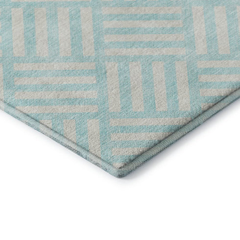 9' X 12' Aqua And Ivory Geometric Washable Area Rug With UV Protection