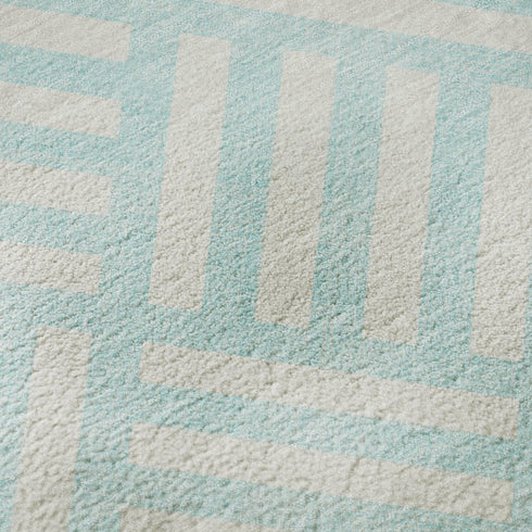 9' X 12' Aqua And Ivory Geometric Washable Area Rug With UV Protection