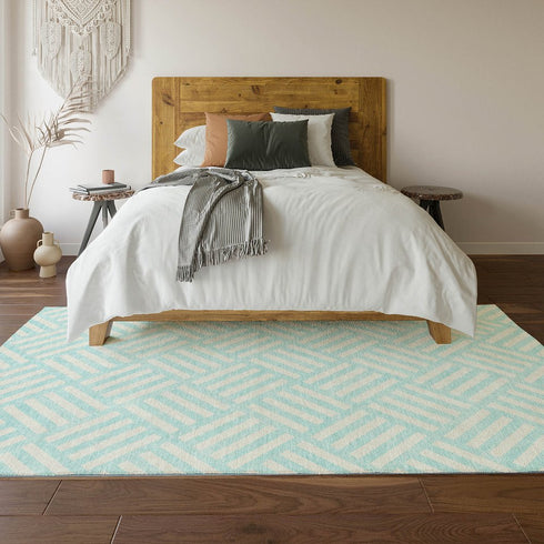 9' X 12' Aqua And Ivory Geometric Washable Area Rug With UV Protection