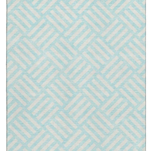 9' X 12' Aqua And Ivory Geometric Washable Area Rug With UV Protection