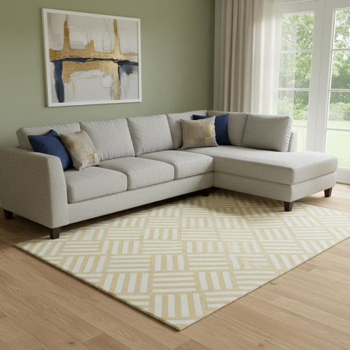 8' X 10' Gold And Ivory Geometric Washable Area Rug With UV Protection