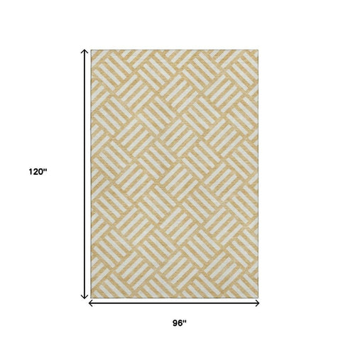 8' X 10' Gold And Ivory Geometric Washable Area Rug With UV Protection