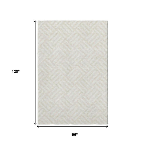 8' X 10' Ivory And Beige Geometric Washable Area Rug With UV Protection