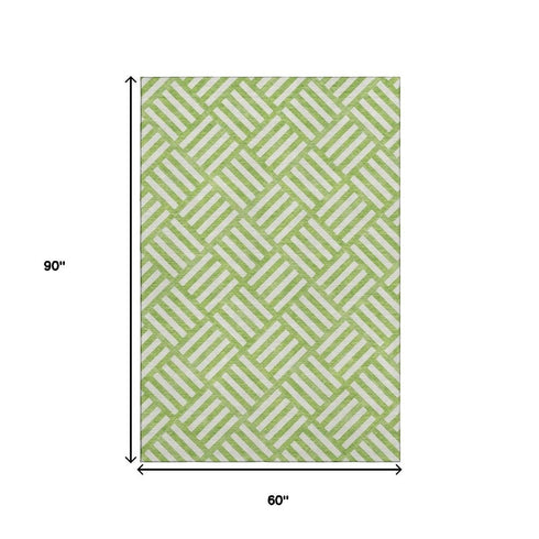 5' X 8' Lime Green And Ivory Geometric Washable Area Rug With UV Protection
