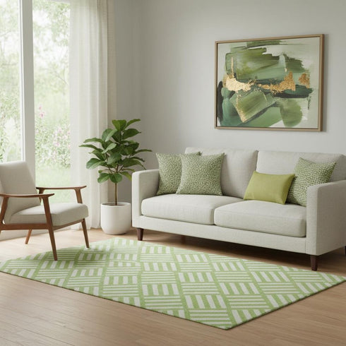 5' X 8' Lime Green And Ivory Geometric Washable Area Rug With UV Protection