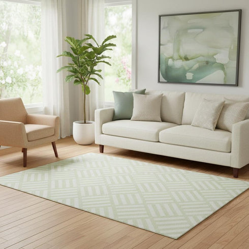 5' X 8' Mint Green And Ivory Geometric Washable Area Rug With UV Protection