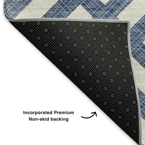 5' X 8' Navy Blue And Ivory Geometric Washable Area Rug With UV Protection