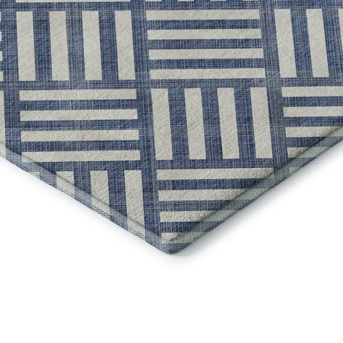 5' X 8' Navy Blue And Ivory Geometric Washable Area Rug With UV Protection