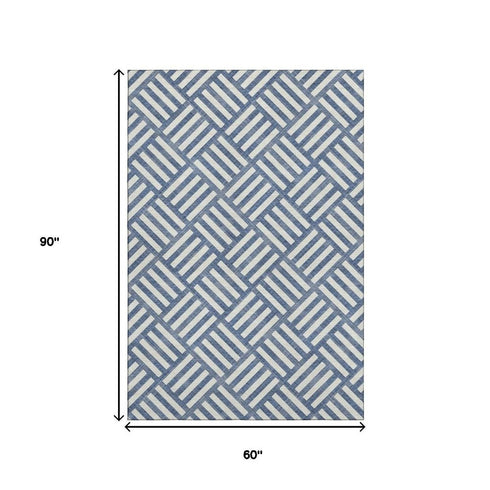5' X 8' Navy Blue And Ivory Geometric Washable Area Rug With UV Protection