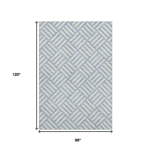 8' X 10' Sky Blue And Ivory Geometric Washable Area Rug With UV Protection