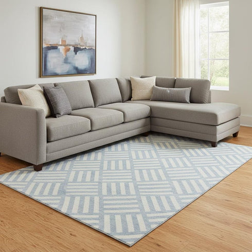 8' X 10' Sky Blue And Ivory Geometric Washable Area Rug With UV Protection