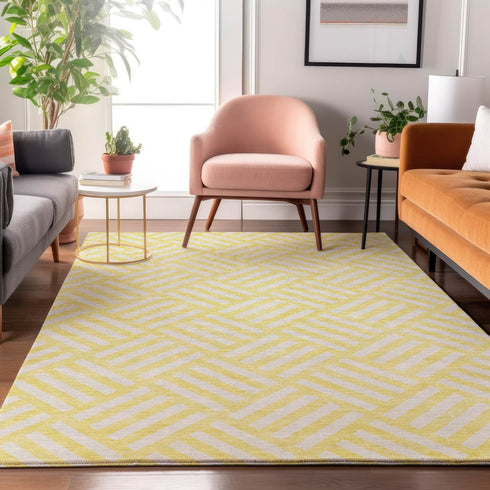 5' X 8' Yellow And Ivory Geometric Washable Area Rug With UV Protection