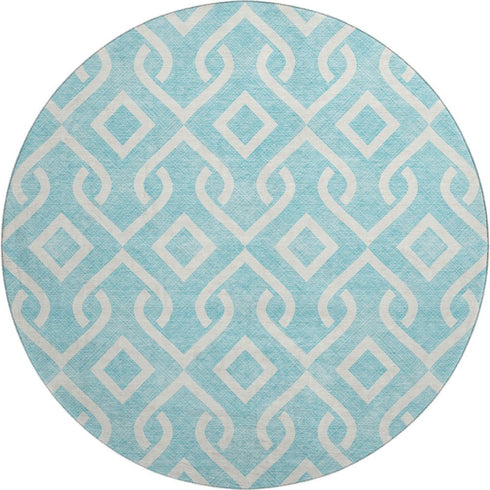 8' Aqua And Ivory Geometric Washable Round Rug With UV Protection