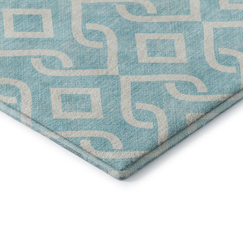 8' Aqua And Ivory Geometric Washable Round Rug With UV Protection