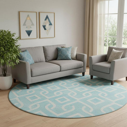 8' Aqua And Ivory Geometric Washable Round Rug With UV Protection