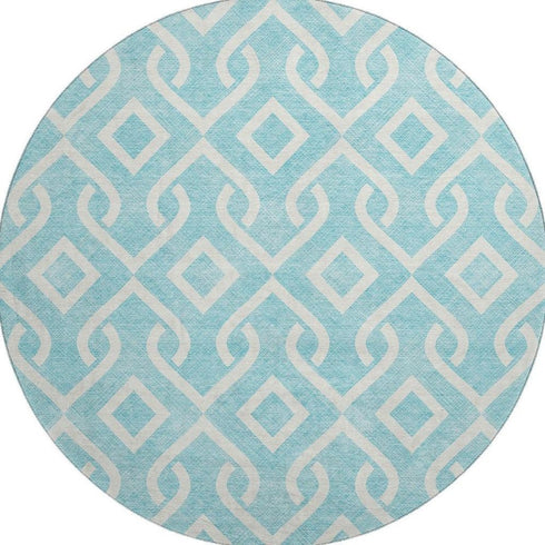 8' Aqua And Ivory Geometric Washable Round Rug With UV Protection