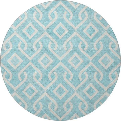 8' Aqua And Ivory Geometric Washable Round Rug With UV Protection