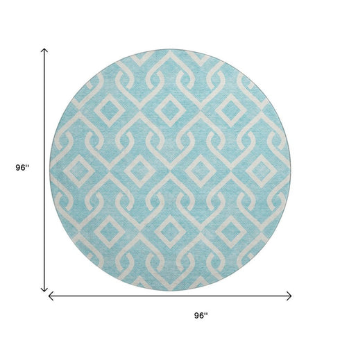 8' Aqua And Ivory Geometric Washable Round Rug With UV Protection