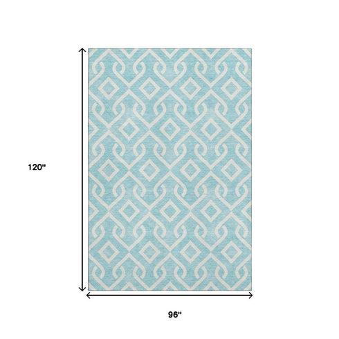 8' X 10' Aqua And Ivory Geometric Washable Area Rug With UV Protection