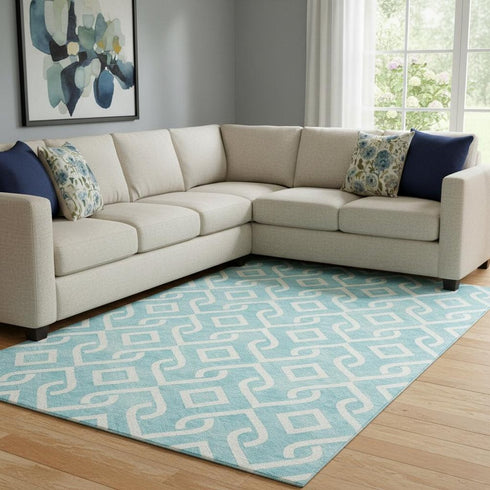 8' X 10' Aqua And Ivory Geometric Washable Area Rug With UV Protection