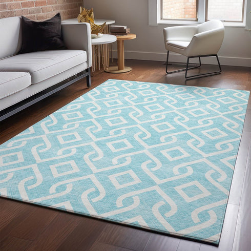 8' X 10' Aqua And Ivory Geometric Washable Area Rug With UV Protection