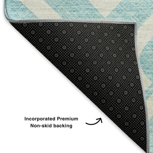 8' X 10' Aqua And Ivory Geometric Washable Area Rug With UV Protection