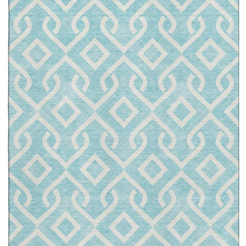 8' X 10' Aqua And Ivory Geometric Washable Area Rug With UV Protection
