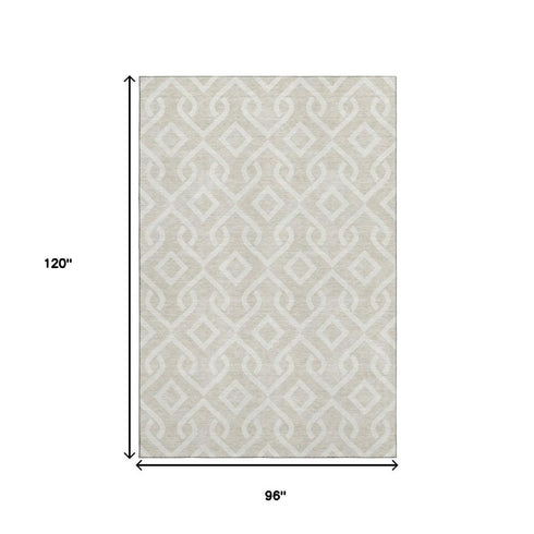 8' X 10' Beige And Ivory Geometric Washable Area Rug With UV Protection
