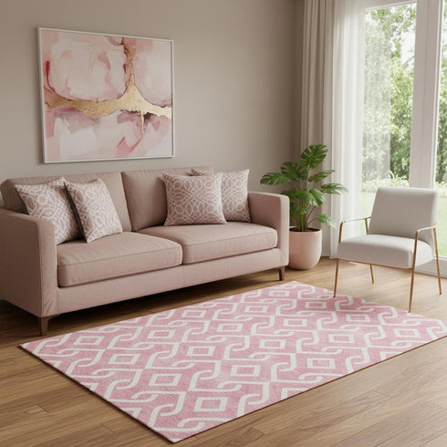 5' X 8' Blush And Ivory Geometric Washable Area Rug With UV Protection