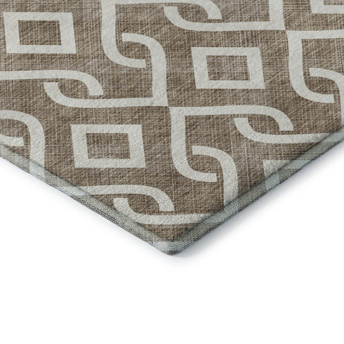 5' X 8' Brown And Ivory Geometric Washable Area Rug With UV Protection