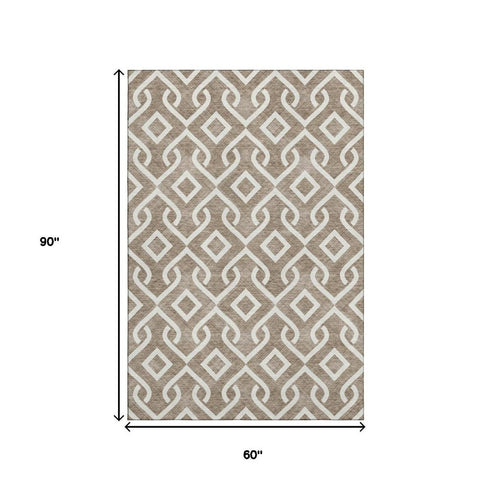 5' X 8' Brown And Ivory Geometric Washable Area Rug With UV Protection