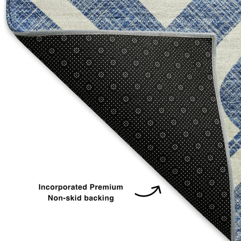 5' X 8' Blue And Ivory Geometric Washable Area Rug With UV Protection