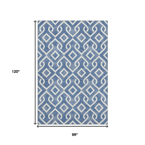 8' X 10' Blue And Ivory Geometric Washable Area Rug With UV Protection