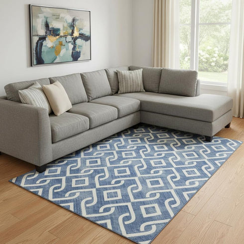 8' X 10' Blue And Ivory Geometric Washable Area Rug With UV Protection