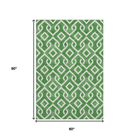 5' X 8' Emerald And Ivory Geometric Washable Area Rug With UV Protection