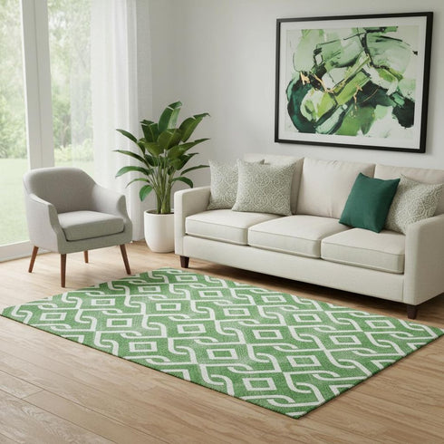 5' X 8' Emerald And Ivory Geometric Washable Area Rug With UV Protection