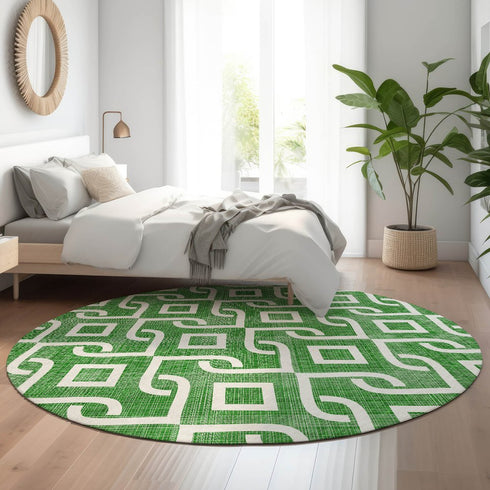 8' Emerald And Ivory Geometric Washable Round Rug With UV Protection