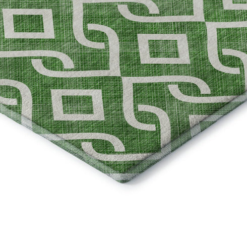 8' Emerald And Ivory Geometric Washable Round Rug With UV Protection
