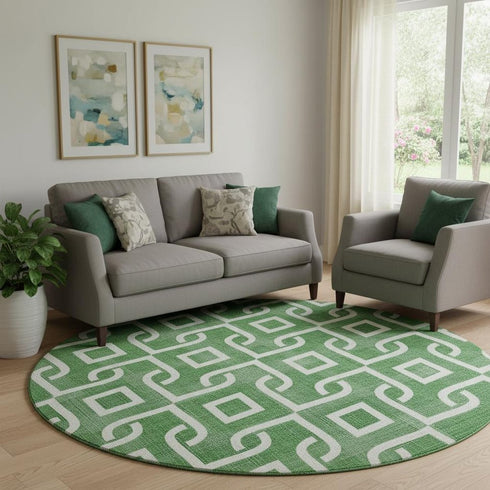 8' Emerald And Ivory Geometric Washable Round Rug With UV Protection