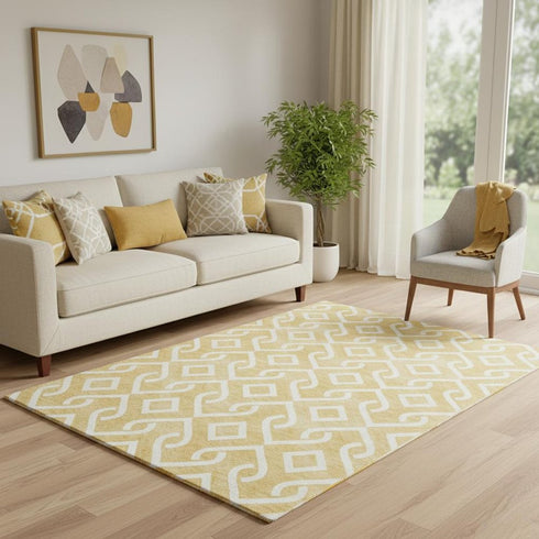 5' X 8' Gold And Ivory Geometric Washable Area Rug With UV Protection