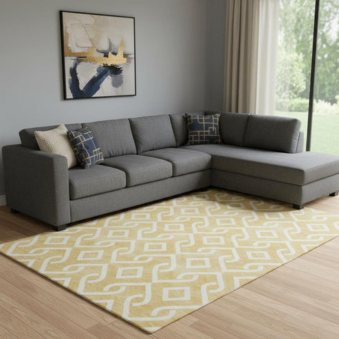 8' X 10' Gold And Ivory Geometric Washable Area Rug With UV Protection