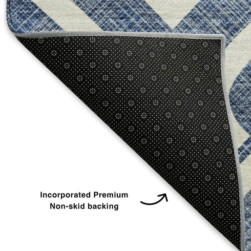 5' X 8' Navy Blue And Ivory Geometric Washable Area Rug With UV Protection
