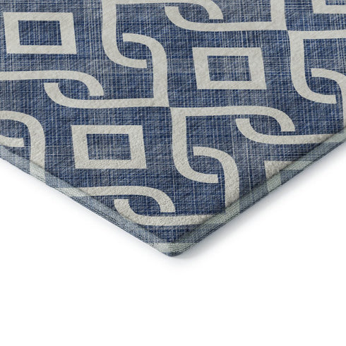 5' X 8' Navy Blue And Ivory Geometric Washable Area Rug With UV Protection