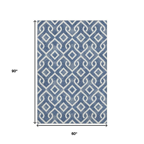5' X 8' Navy Blue And Ivory Geometric Washable Area Rug With UV Protection