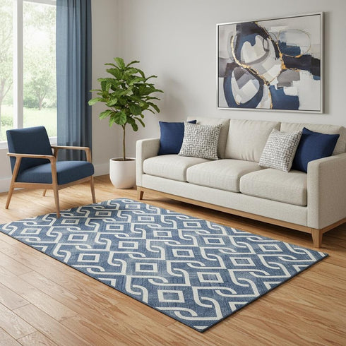 5' X 8' Navy Blue And Ivory Geometric Washable Area Rug With UV Protection