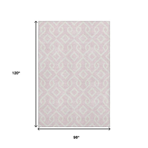 8' X 10' Pink And Ivory Geometric Washable Area Rug With UV Protection