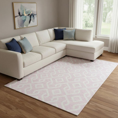 8' X 10' Pink And Ivory Geometric Washable Area Rug With UV Protection
